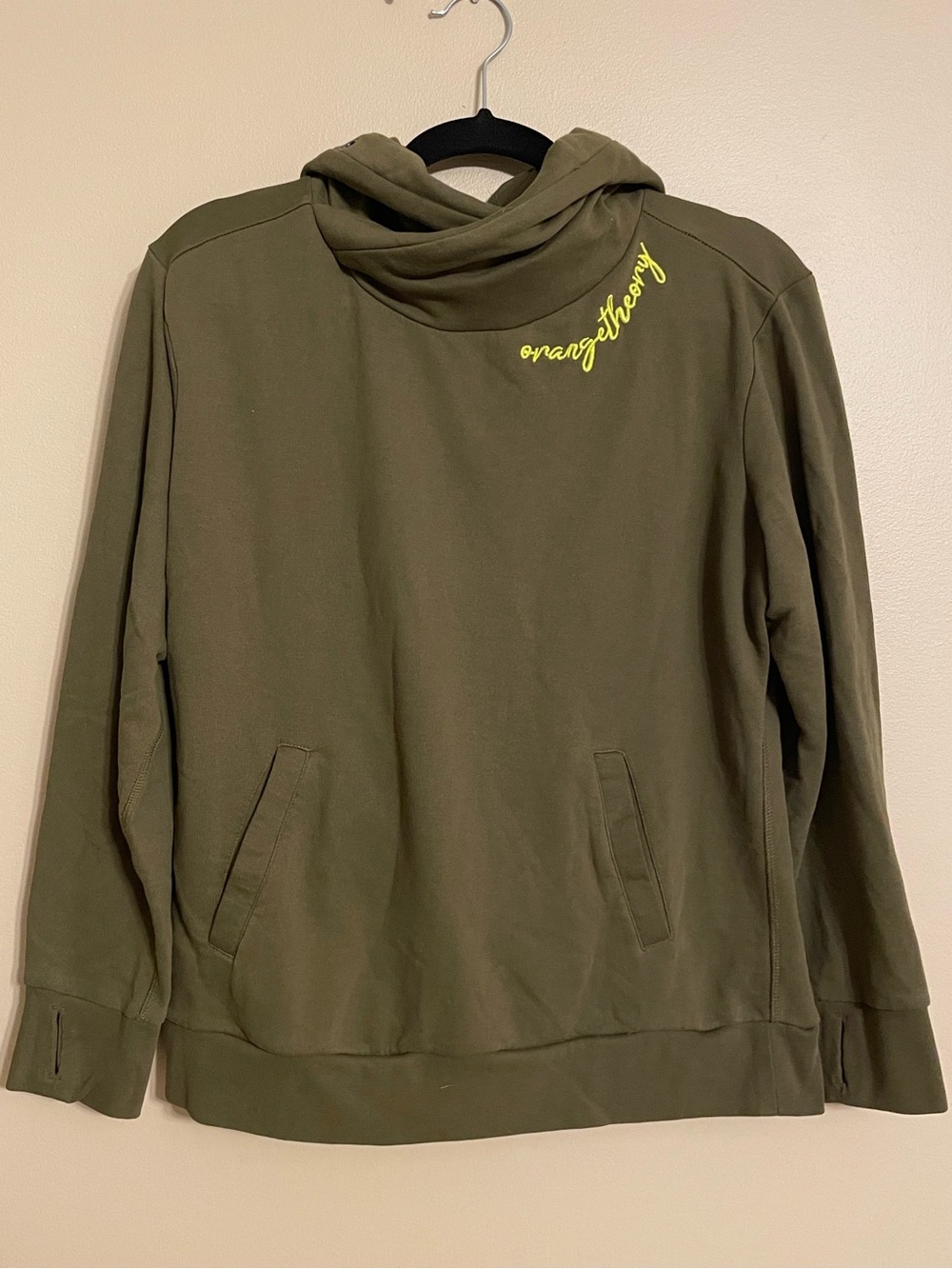 Orange Theory Pullover Hoodie olive green embroidered mock neck size medium OTF